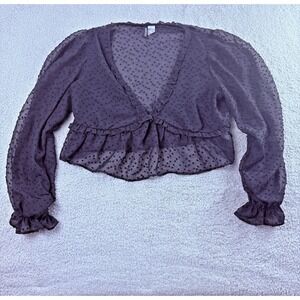 Black Swiss Dot Sheer Tie Front Peplum Blouse Womens Large Cottagecore Romantic